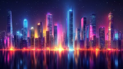 Fototapeta premium Neon Cityscape Illuminated by Vibrant Lights Reflecting on Water