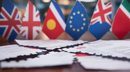 Fototapeta premium image features torn trade agreement documents in foreground, with various international flags in background, symbolizing global trade relations and agreements
