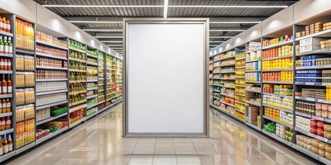 Frame mockup of a blank poster hanging on a wall in a supermarket , mockup, frame, blank, poster, hanging, wall, design
