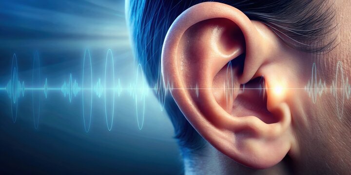 Close up of human ear with sound waves simulation technology for hearing test, hearing aids