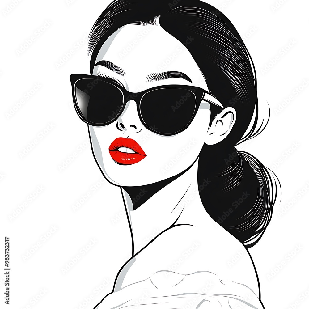 Poster Stylish Woman with Sunglasses and Red Lips, Black and White Vector Illustration.