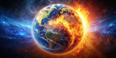 A planet in space with a fiery atmosphere, illuminating Earth below, planet, space, fire, earth, atmospheric, glow, burning