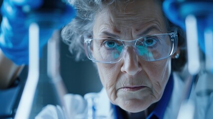 Senior female researcher in a laboratory setting, focused on complex experiments, surrounded by scientific equipment, wearing a lab coat and safety goggles, engaged in her work.
