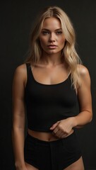 Fototapeta premium Blonde woman in black outfit posing confidently
