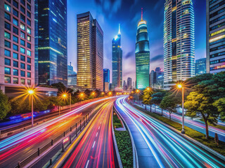 Naklejka premium Vibrant cityscape at night with sleek cars speeding by, leaving behind trails of colorful light, capturing the dynamic energy of urban transportation and fast-paced living.