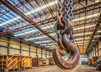 Rusted chain hook crane tow iron with worn metal links and sturdy hook hangs from a steel beam in an industrial warehouse interior background.