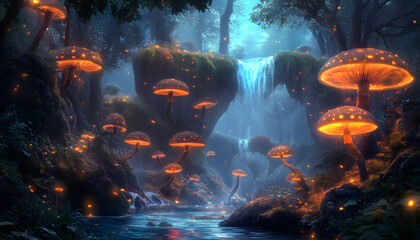 Fototapeta premium A mystical forest with glowing mushrooms, winding rivers, and floating islands, creating a magical and otherworldly feel