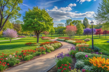 Obraz premium Vibrant green park landscape with restored trails, blooming flowers, and newly planted trees, showcasing community efforts in environmental conservation and park revitalization.