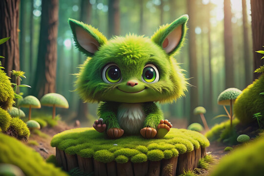 Adorable bright green furry monster with big round eyes, fluffy ears, and toothy grin, sitting on a mushroom in a whimsical forest setting.