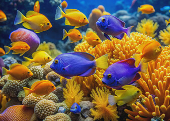 Vibrant orange and blue damsel fish swim alongside yellow and purple tangs in a coral reef, showcasing their intricate scales and flowing fins.