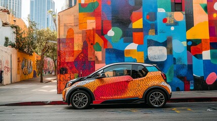 A Colorful Car Parked in Front of a Graffiti-Covered Wall