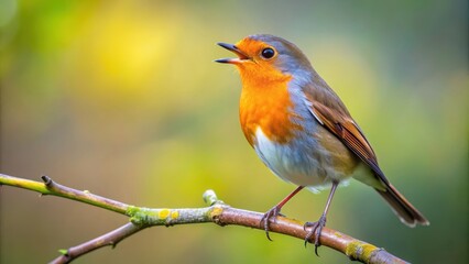 Fototapeta premium European Robin perched on a tree branch singing , Robin Redbreast, songbird, wildlife, nature, tree