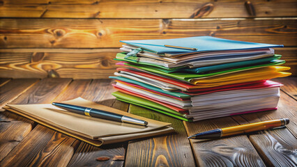Obraz premium Neatly arranged documents and colorful folders stacked on a rustic wooden desk, with pens and a paperweight nearby, conveying a sense of productivity.
