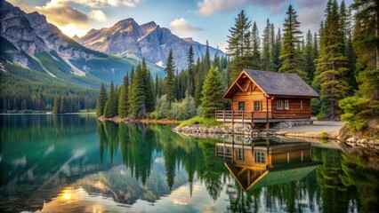 Fototapeta premium Cozy cabin nestled in the mountains overlooking a serene lake, mountain house, cabin, cozy, serene, lake view, retreat, peaceful