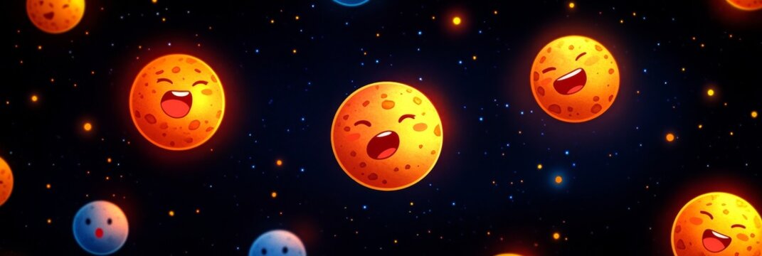 Cute cartoon planets with different expressions in a dark starry space background. They are expressing joy, happiness, surprise, and amusement.