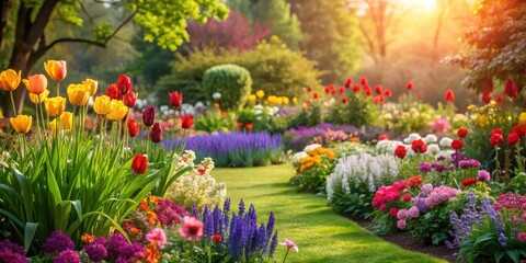 Obraz premium Vibrant flowers blooming in a lush garden setting, floral, garden, spring, vibrant, colorful, nature, bloom, blossom, flora