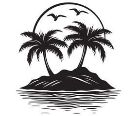 Silhouette tropical island with palms tree and landscape vector 