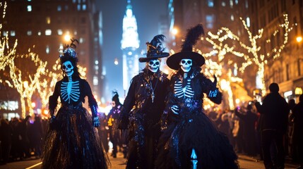 Obraz premium Skeleton Costumes Halloween Parade Night City