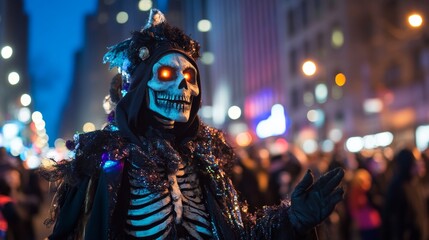 Skeleton Costume Halloween Night Parade Urban City