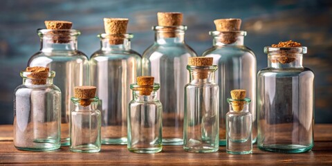 Vintage medicine glass bottles with cork lids , apothecary, pharmacy, retro, old fashioned, antique, health
