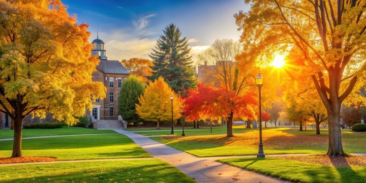 Serene autumn morning on a college campus with golden light shining on colorful trees , peaceful, tranquil, campus, road, fall