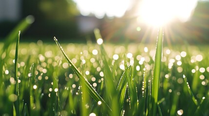 Fototapeta premium Dew drops on green grass blades with sunlight shining through.