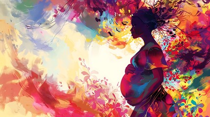 Fototapeta premium A stylized portrait of a pregnant woman with colorful, artistic brushstrokes highlighting her form, surrounded by symbolic representations of growth and fertility. 8k UHD, suitable for high-quality 