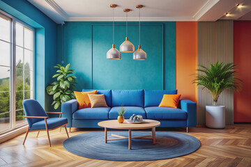 Vibrant modern living room interior with bright blue sofa, round coffee table, and colorful stucco wall, featuring ample natural light and copy space for text or ads.