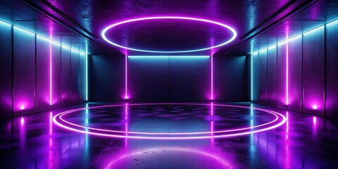 Empty dark futuristic room with neon purple lighting, floor reflections, and a glowing circle , Sci-fi, gloomy