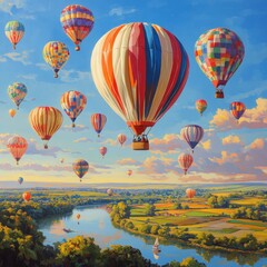 Fototapeta premium Colorful Hot Air Balloons Soaring Over River Valley Landscape