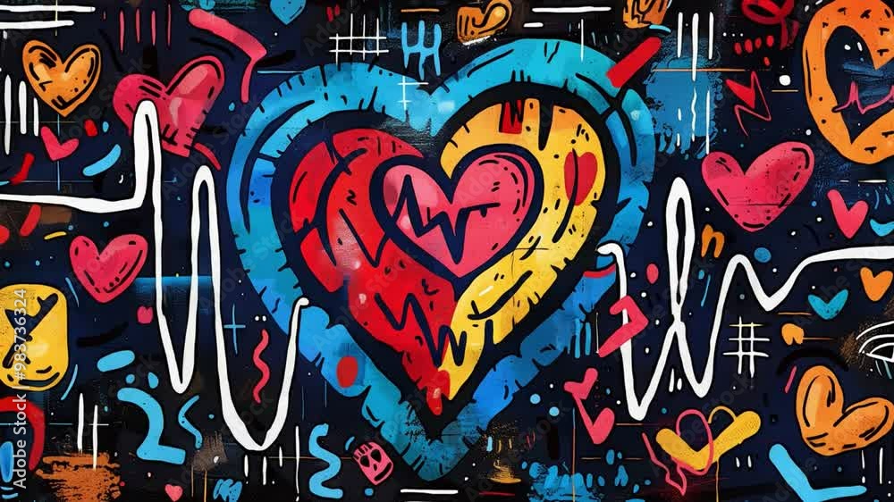 Poster the artwork features a striking heart illustration surrounded by colorful elements and heartbeat lin
