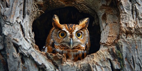 Obraz premium Screech Owl Sitting Alert in a Tree Cavity