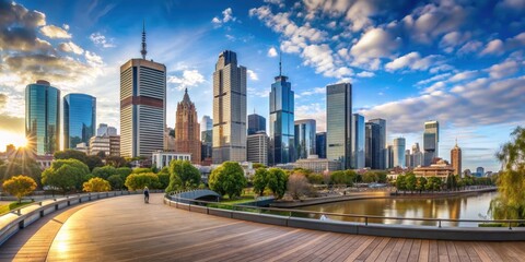 Fototapeta premium Panorama view of stunning Melbourne cityscape skyline, Melbourne, city, skyline, buildings, architecture, skyscrapers