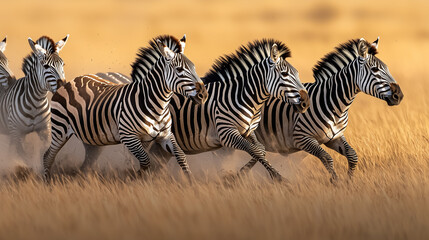 Naklejka premium Zebra Herd Running Across the Open Safari Fields