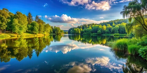 Obraz premium Scenic landscape featuring a tranquil lake reflecting the surrounding greenery, nature, water, reflection, outdoors, serene, peaceful