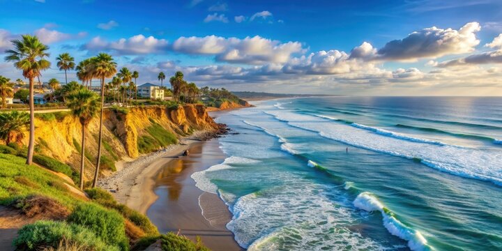 Beautiful ocean shore of Encinitas California , Sunset, waves, beach, coastline, cliffs, surfing, palm trees, sand