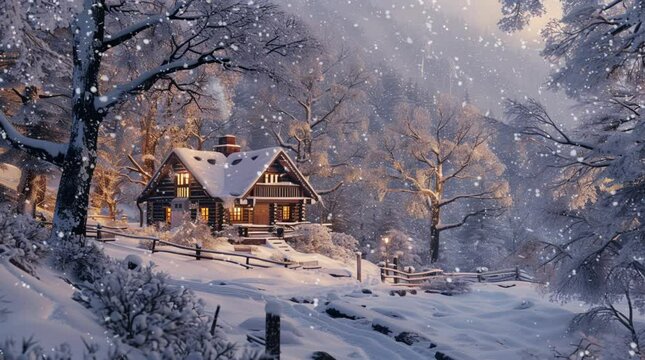 Charming snowy house nestled in a quiet winter forest, creating a peaceful and cozy winter scene
 Seamless looping 4k time-lapse virtual video animation Generated AI