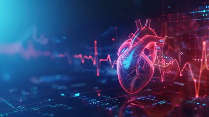 AI Heart Health Monitoring, advanced technology for pulse management, visualizing data networks, futuristic healthcare solutions illuminated by neon elements