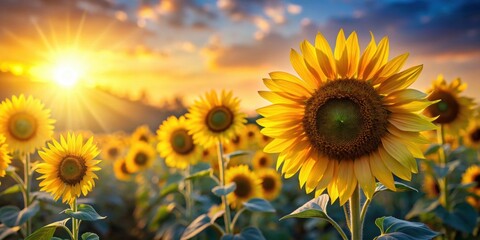 Fototapeta premium Sunflowers blooming in the evening with light shining on the back of the flowers, Sunflower, blooming, evening, light, backlit, nature