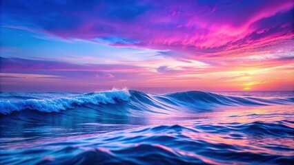 Fototapeta premium Background of blue waves transitioning into vibrant pink horizon, blue, waves, ocean, water, pink, horizon, sunset, sunrise