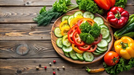 Sliced bell peppers, cucumbers, and greens on a wooden table , healthy, fresh, organic, colorful, vibrant, salad, vegetables