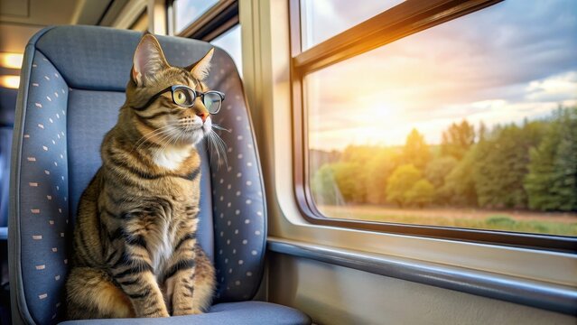 Cat wearing glasses sitting comfortably on a train seat, looking out the window, cat, glasses, train, travel, leisure