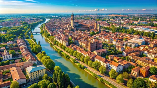 Aerial shot of Cremona and the river Po , Cremona, Italy, aerial view, river Po, cityscape, architecture