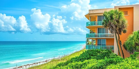 Fototapeta premium A beautiful photo of an apartment building on the beach in Florida, with turquoise water and green grass