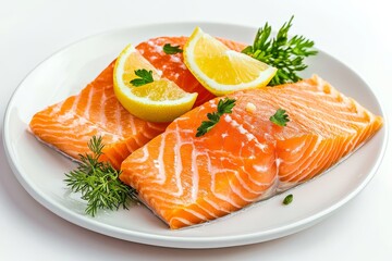 Freshly poached salmon fillet, beautifully plated with slices of lemon and dill sprigs, capturing the essence of healthy, flavorful seafood.