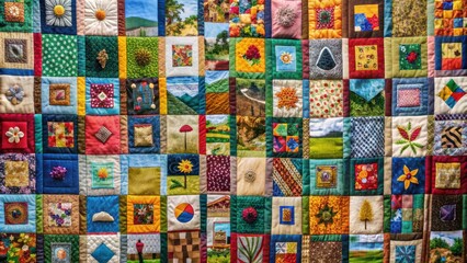 A beautiful quilt made up of colorful patches representing different memories and stories, memory, care, love, tapestry