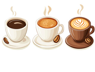Obraz premium A trio of steaming coffee cups, showcasing rich colors and inviting aromas, perfect for coffee lovers and cafe enthusiasts, Transparent background.