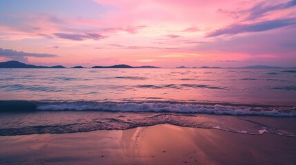 A beautiful beach under the natural sunset sky. The sand on the beach is golden, stretching out towards the ocean