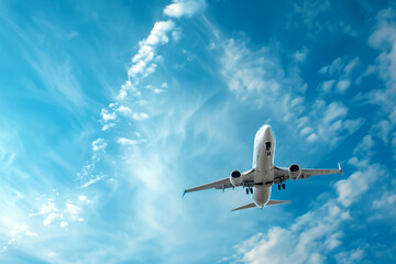 Obraz premium Passenger airplane soaring through a vibrant blue sky, symbolizing adventure and exploration