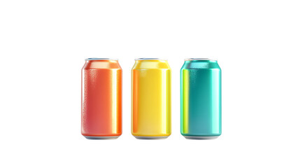 A vibrant display of three colorful beverage cans in red, yellow, and teal, perfect for advertising and product promotion, Transparent background.